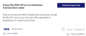 Wills Lifestyle- Get flat Rs 500 off