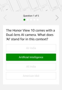 answers of Amazon Honor View 10 Quiz asnwer