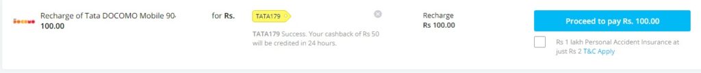 proof Added of tata docomo PayTM Get Rs 50 Cashback on Tata Docomo Recharge of Rs 100 or more