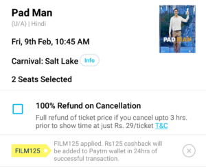 Paytm - Proof Rs. 125 Cashback on Padman Movie Tickets