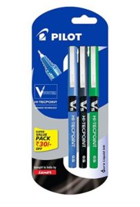 Pilot V5 Liquid Ink Roller Ball Pen - 1Blue + 1Black + 1Green at rs.89