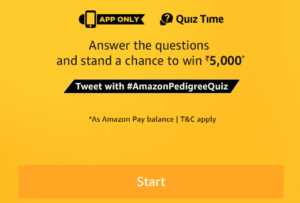 amazon pedigree quiz time win Rs 5000 pay balance 5 questions dealnloot 3rd june