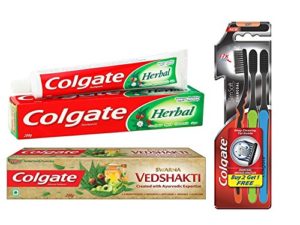 Amazon - Buy Colgate Herbal Toothpaste - 200 g with Swarna Vedshakti Toothpaste - 200 g and Slim Soft Charcoal Toothbrush  at Rs 195 only