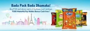 Makemytrip- Buy Rs 20 and above pack of kurkure/Las's and get Rs 500 Makemtrip Wallet Bonus cash free