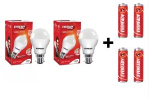 Eveready 10W LED Bulb Pack of 2 with Free 4 Batteries (White, Pack of 2) atr rs.149