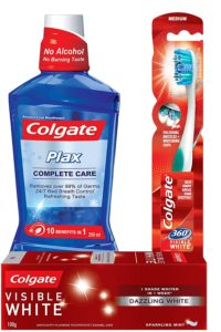 Colgate Visible White Sparkling Toothpaste - 100 g (Mint) and 360 Visible White Toothbrush with Plax Complete Care Mouthwash - 250 ml