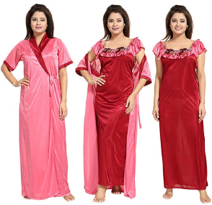 Noty - Women's Contrast Satin Nightwear Nighty with Robe (Pink and Maroon) - at Rs 559