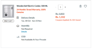 Wonderchef Electric Cooker, 500 ML