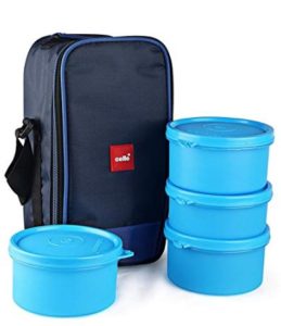 Cello Max Fresh Delight Plastic Lunch Box with Bag, 4-Pieces, Blue 