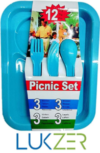 LUKZER 12 Pcs All in One Picnic Travel Plastic Dinner Set (3 Rectangular Plates,3 Forks,3 Spoons,3