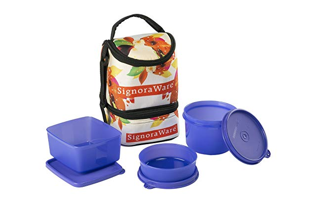 Signoraware Blossom Trio Lunch Box with Bag Set, 3-Pieces, Deep Violet