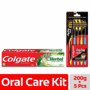 Colgate Herbal Toothpaste 200 g (Pack of 2) plus Colgate ZigZag Black Medium Tooth Brush (Pack of 5)