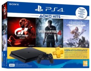 Sony PlayStation 4 (PS4) Slim 500 GB with Uncharted 4, Horizon Zero Dawn (Complete Edition) and Gran Turismo Sport
