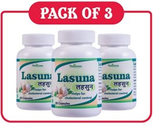 VitaGreen Natural, Ayurveda Herb Lasuna Nutrition Supplements for Cholesterol Control (500 mg, 180 Capsules) Pack of 3