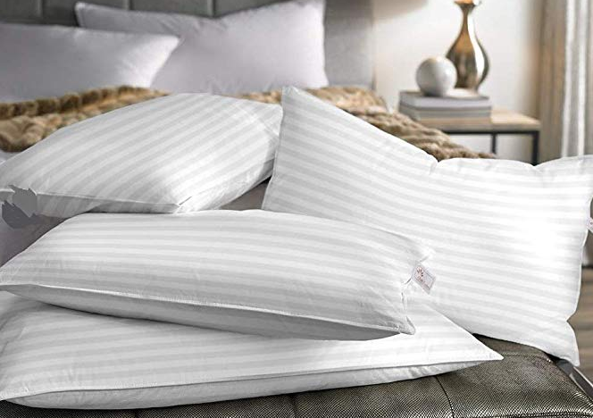 Ivaan Classic 5 Star Hotel Set of 4 Pillow (White Stripes, King Size)