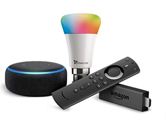 Echo Dot (Black) and Fire TV Stick Bundle with Syska 9W smart color bulb