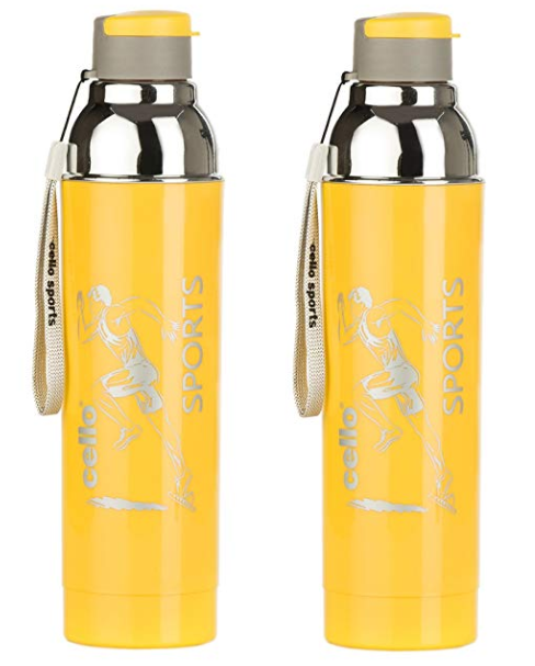Cello Racer Plastic Sports Bottle Set, 600ml, Set of 2, Yellow