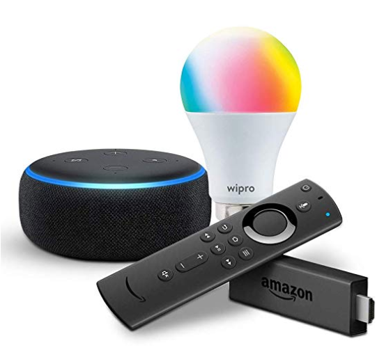 Echo Dot (Black) bundle with Fire TV Stick and Wipro 9W smart bulb