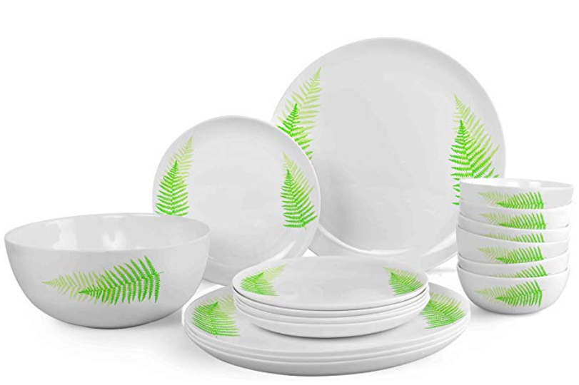 Cello Monarch Fresh Fern Opalware Dinner Set, 19-Pieces, White