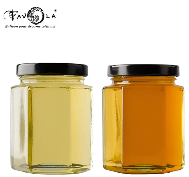 Favola Essentials Hexagonal Lug Glass Jar, Black Lid, 250 ml, Set of 2