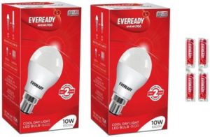 Flipkart- Buy Eveready 10W LED Bulb Pack of 2 with Free 4 Batteries at Rs 159