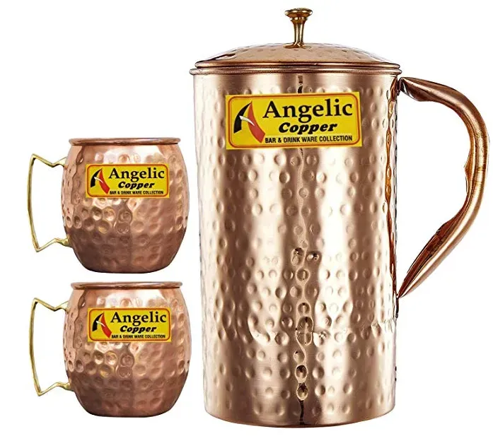 Angelic Copper Handmade Jug with Cups, Brown