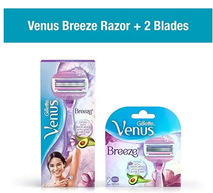 Gillette Venus Breeze Razor Blades - 2 Pieces & Venus Breeze Hair Removal Razor for Women Combo