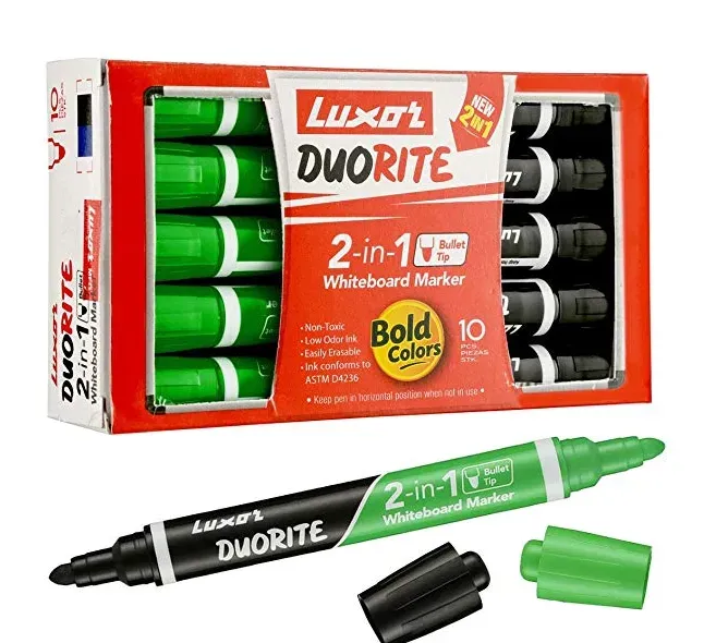 Luxor Duorite 2-in-1 Bullet Tip Whiteboard Marker - Black & Green - Pack of 10