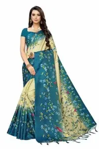 Pisara Women Khadi Silk Printed Saree Blue Rs 149 amazon dealnloot
