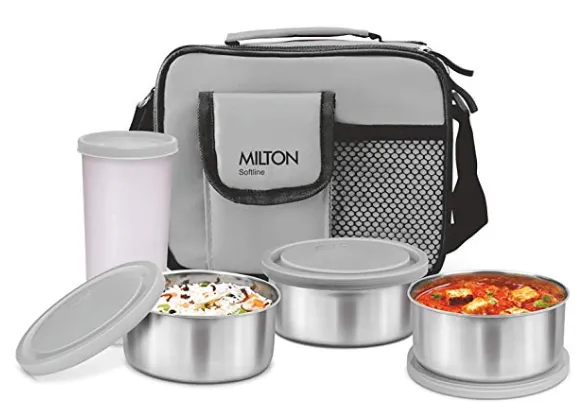 Milton Steel Combi Lunch Box with Tumbler, 4-Pieces, Grey