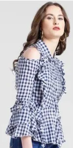 Checked Ruffled Cold-Shoulder Shirt