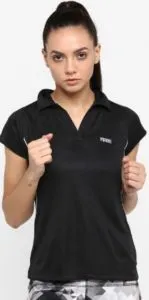 Yuuki Women Black Solid Polo Collar T-shirt
