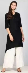 People Women Solid Cotton Rayon Blend High Low Kurta (Black)