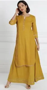 all about you women Mustard Self Design Kurta with Skirt