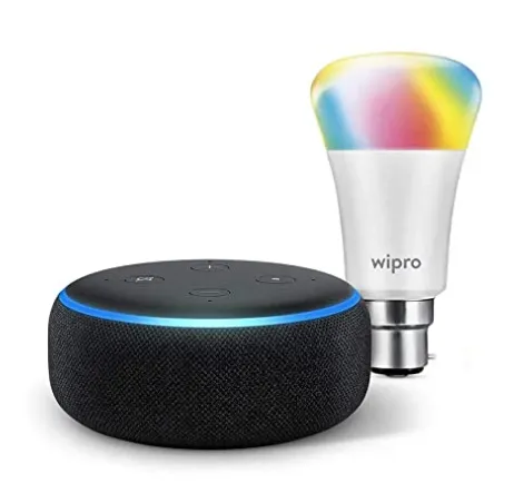 Echo Dot (Black) bundle with Wipro 9W LED smart color bulb