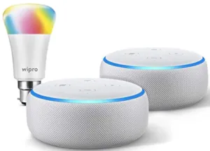 Echo Dot gift twin pack with Wipro 9W LED smart color bulb