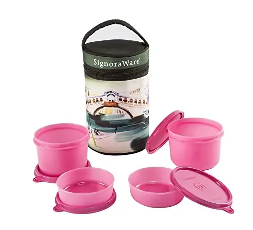 Signoraware Venice Executive Big Lunch Box with Bag Set, 4-Pieces, Pink