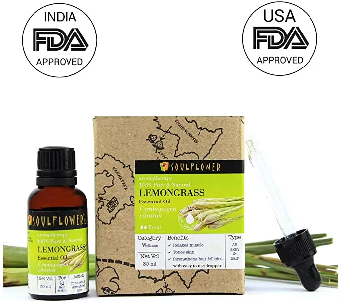 Soulflower Lemongrass Essential Oil for Hair and Skin, 30ml