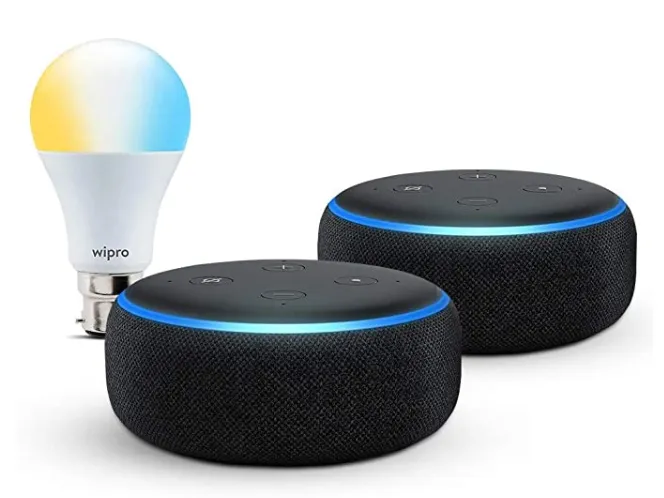 Echo Dot gift twin pack (Black) with Wipro smart white bulb