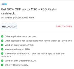 lat 50% Off up to Rs 120+ Flat Rs 50 Paytm Cashback on a minimum order of Rs 159