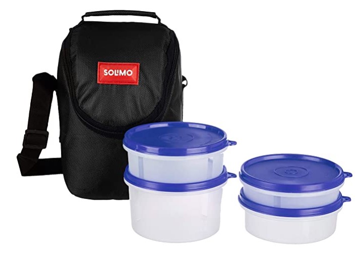 Amazon Brand - Solimo Plastic Lunch Box with Bag, Set of 4 (Blue Lids and Black Bag)