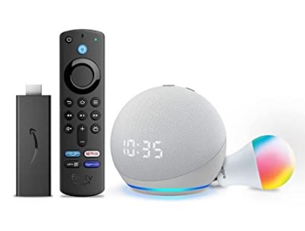 Echo Dot (4th Gen, White) with clock combo with Fire TV Stick and Wipro 9W LED smart color Bulb