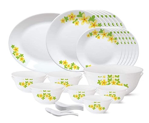 Larah by Borosil - Tiara Series, Golden Shower, 33 Pcs, Opalware Dinner Set