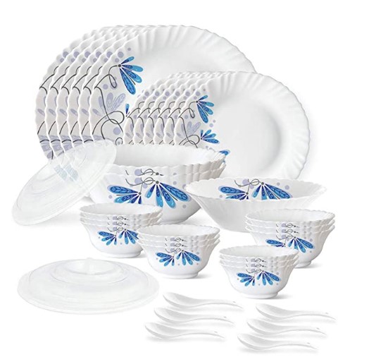 Larah by Borosil Twilight Silk Series Opalware Dinner Set, 35 Pieces, White