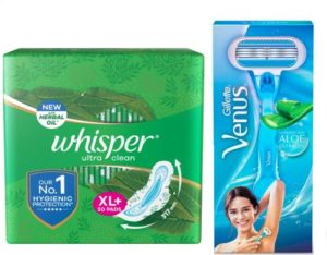 Whisper Ultra Clean 50s plus Venus Hair Rs 384 flipkart dealnloot