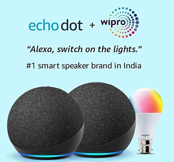 All-new Echo Dot (4th Gen, Black) gift twin pack with Wipro 9W LED smart color bulb