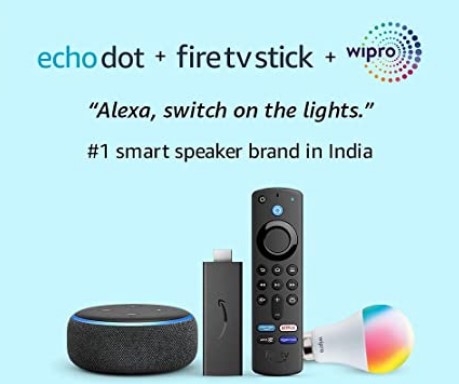 Echo Dot (3rd Gen, Black) combo with Fire TV Stick and Wipro 9W LED smart color bulb