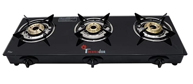 Thermador Toughened ISI Certified 3 Brass Burner Glass Gas Stove (LPG Use Only, Auto Ignition, Black)