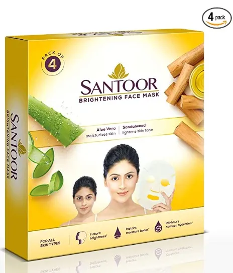 Santoor Brightening Sheet Mask Aloe & Sandal, Sandalwood, 17 ml, 4 Count
