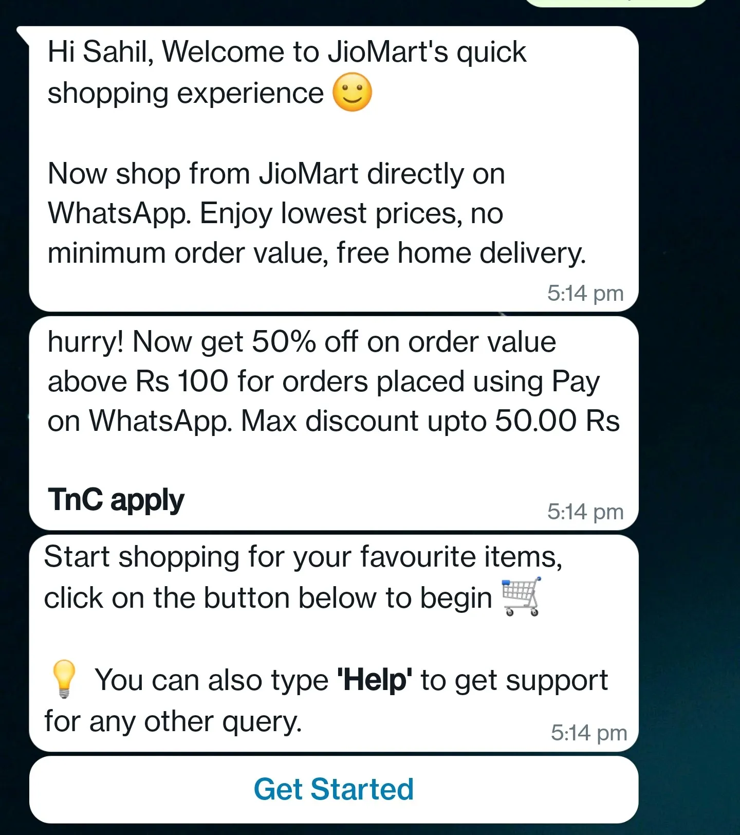 Jiomart 50% off on ordering via Whatsapp